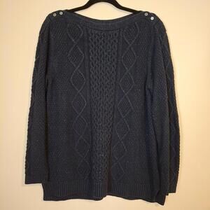 Lands End‎ Cable Knit Sweater Large 14 16 Navy Blue Metallic Boat Neck Buttons